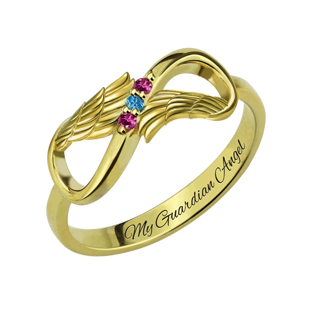 Uonney Dropshipping Manufacturer Engraved Angel Wings Infinity Ring Birthstones Name Ring For Mom Girl Women Jewelry