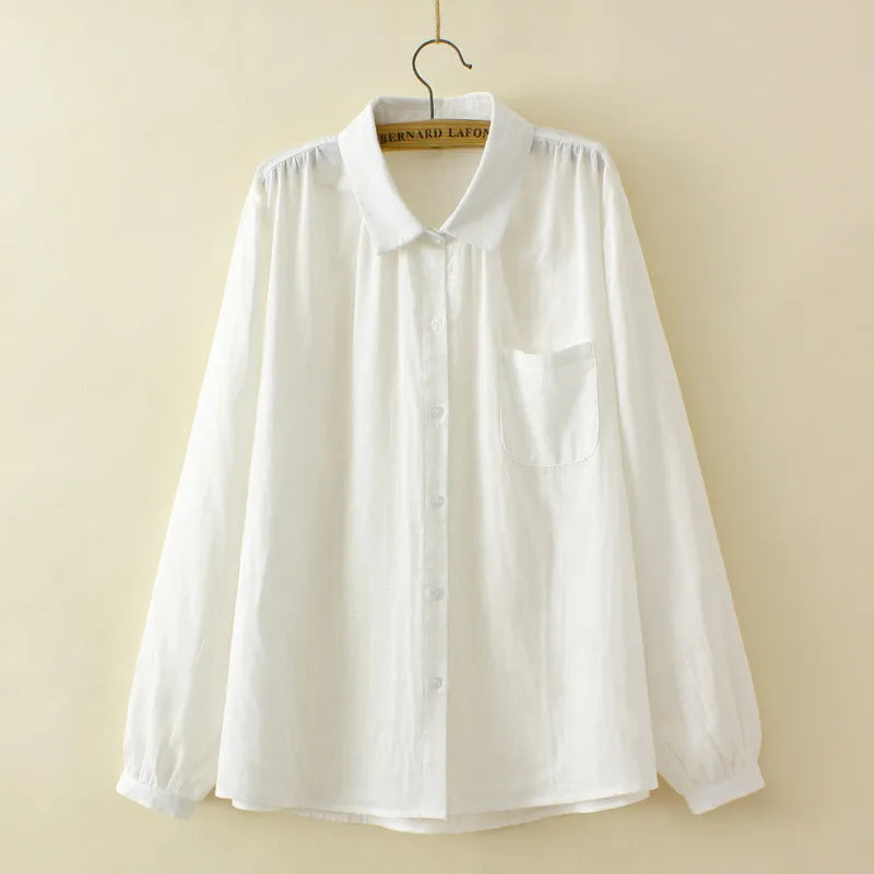 Plus Size Women's Shirt Spring And Autumn Solid Color Non-Stretch Cotton Fabric Long-Sleeved Top Thin Basic Lapel Shirt XL-4XL