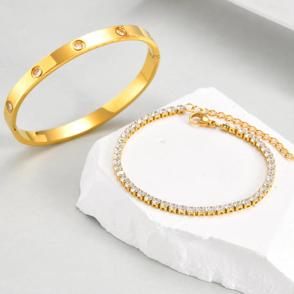 Vnox Love Tennis Chain Bracelets Round Zircon Stone Bangles Set, PVD Stainless Steel Women Jewelry Set Gift for Mom Mothers Day