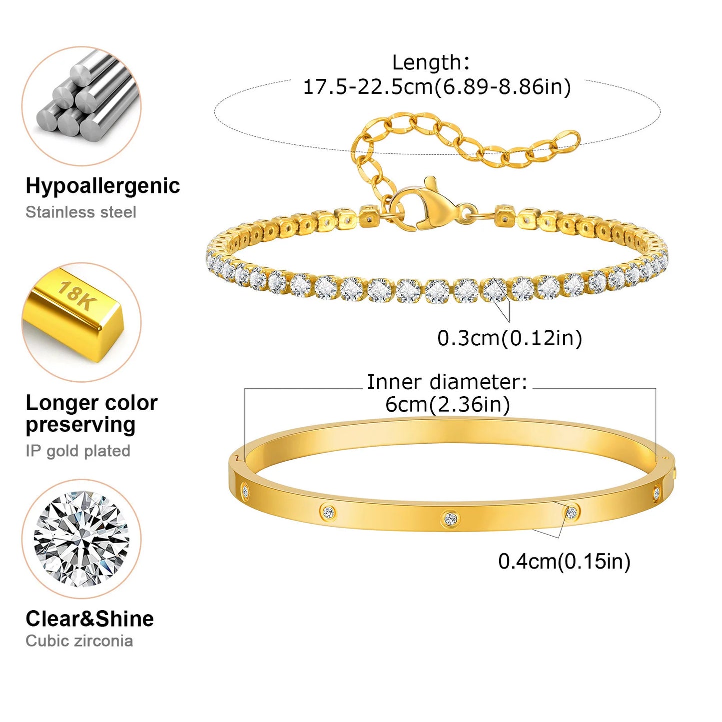 Vnox Love Tennis Chain Bracelets Round Zircon Stone Bangles Set, PVD Stainless Steel Women Jewelry Set Gift for Mom Mothers Day