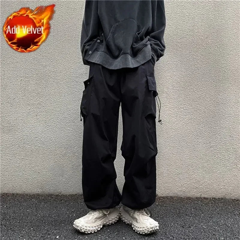 Cargo Pants for Men Straight Grey Trousers Man Autumn Wide Regular Fit Large Size Slacks Street Cotton Spandex Clothing Fashion