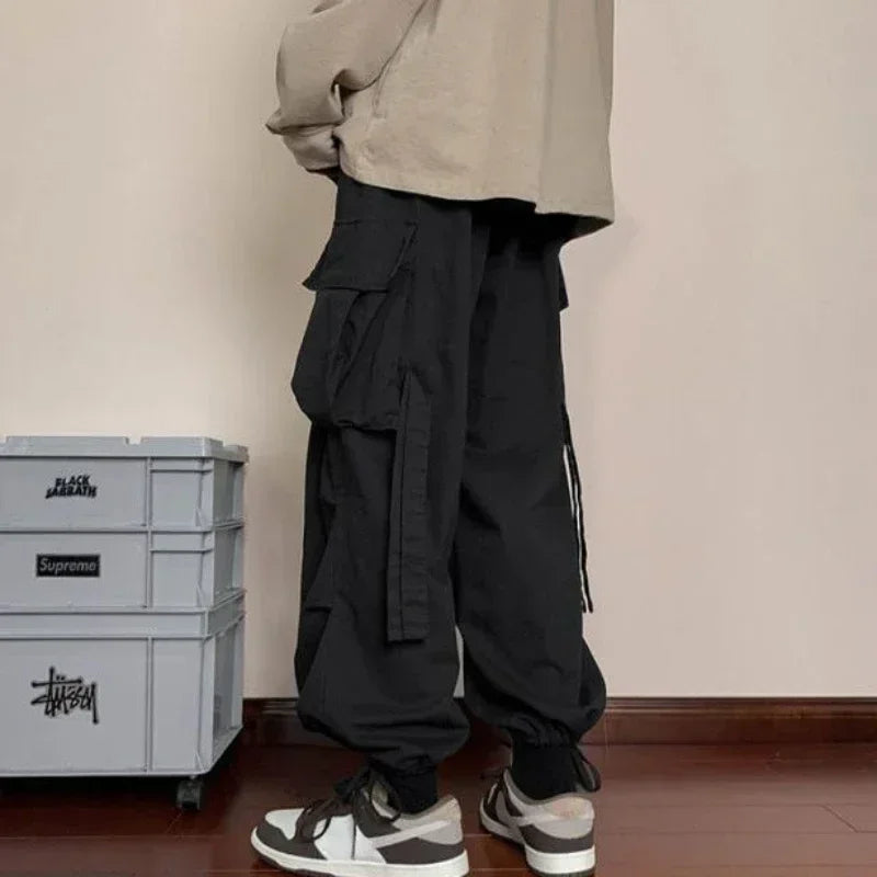Cargo Pants for Men Straight Grey Trousers Man Autumn Wide Regular Fit Large Size Slacks Street Cotton Spandex Clothing Fashion