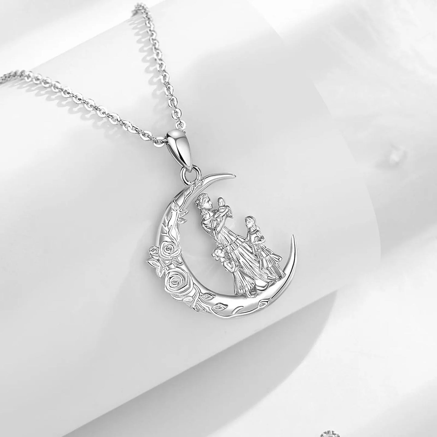 Eudora 925 Sterling Silver Mother Daughter Family Necklace Rose Flower Moon Pendant Fine Jewelry Mother's Day Gift for Women
