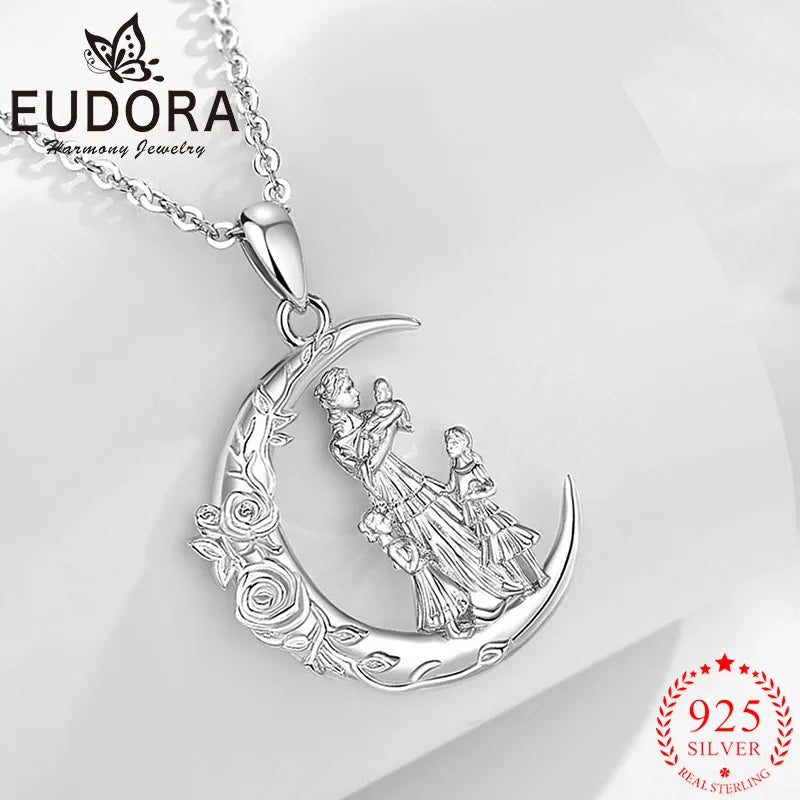Eudora 925 Sterling Silver Mother Daughter Family Necklace Rose Flower Moon Pendant Fine Jewelry Mother's Day Gift for Women