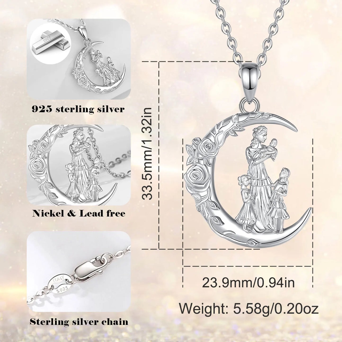 Eudora 925 Sterling Silver Mother Daughter Family Necklace Rose Flower Moon Pendant Fine Jewelry Mother's Day Gift for Women