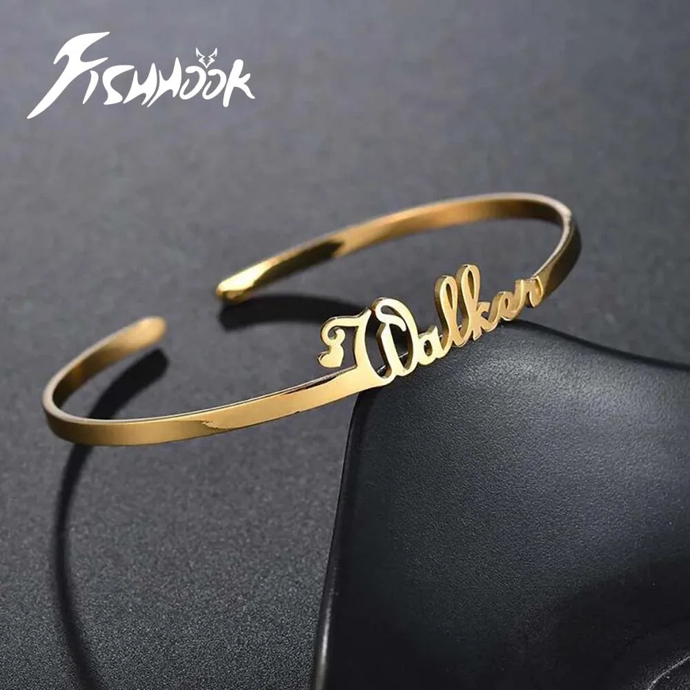 Big Name Custom Bangle Personalized Bracelet Cuff Valentines Gift for Women Men Father Day Mother Stainless Steel Gold Color
