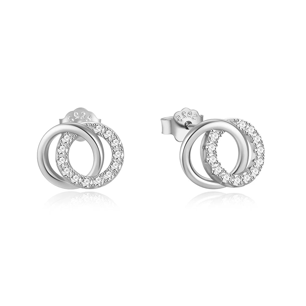 BOAKO 925 Sterling Silver Double Circle Glossy Zircon Minimalist Temperament Earrings For Women Girl Mother Valentines' Day Gift