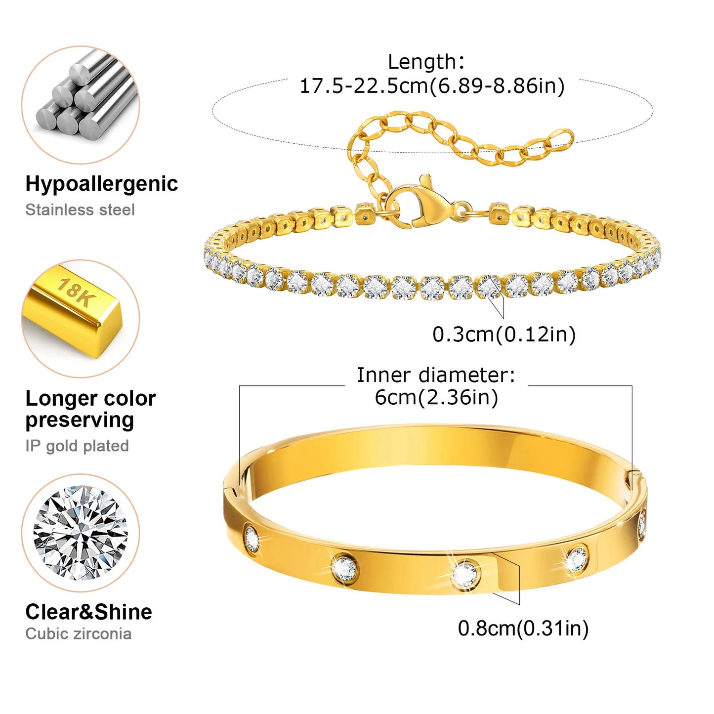 Vnox Love Tennis Chain Bracelets Round Zircon Stone Bangles Set, PVD Stainless Steel Women Jewelry Set Gift for Mom Mothers Day