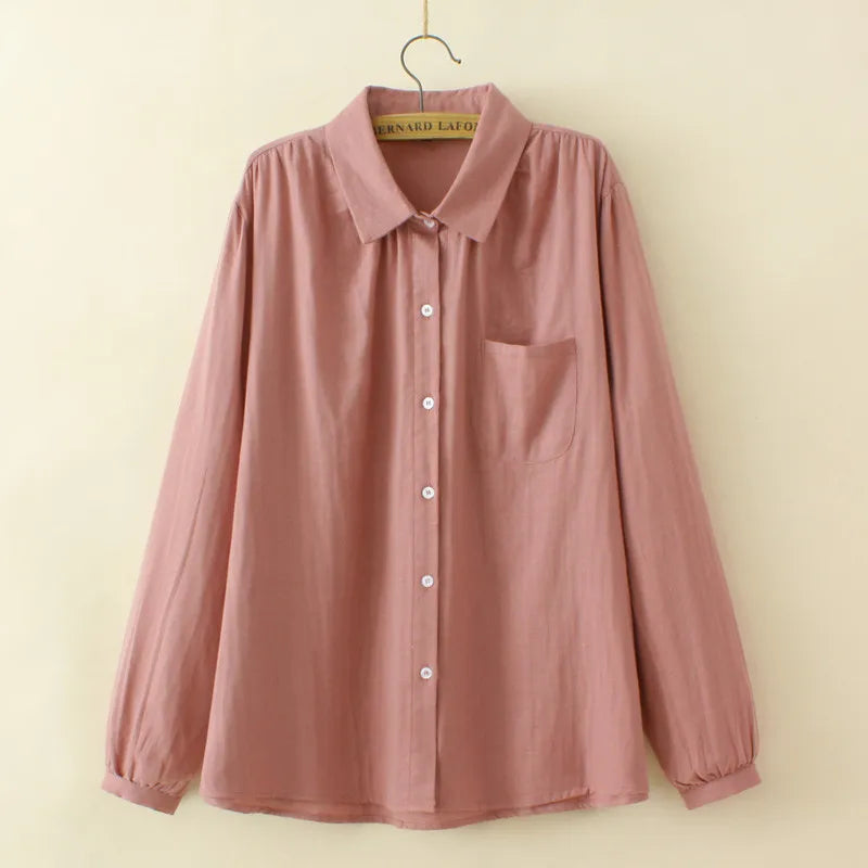 Plus Size Women's Shirt Spring And Autumn Solid Color Non-Stretch Cotton Fabric Long-Sleeved Top Thin Basic Lapel Shirt XL-4XL