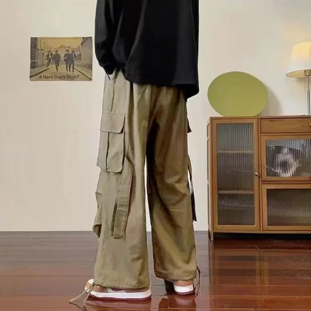 Cargo Pants for Men Straight Grey Trousers Man Autumn Wide Regular Fit Large Size Slacks Street Cotton Spandex Clothing Fashion