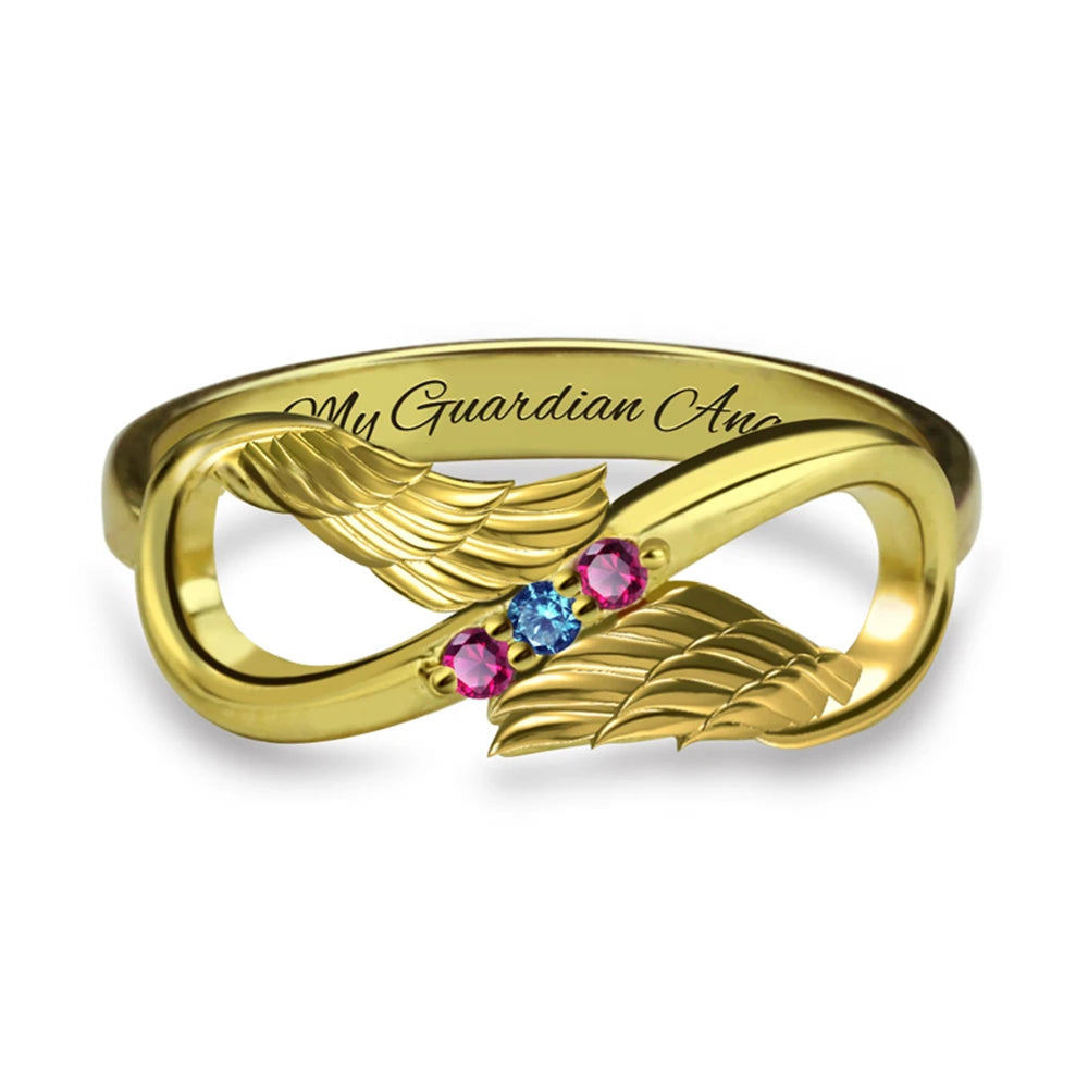 Uonney Dropshipping Manufacturer Engraved Angel Wings Infinity Ring Birthstones Name Ring For Mom Girl Women Jewelry