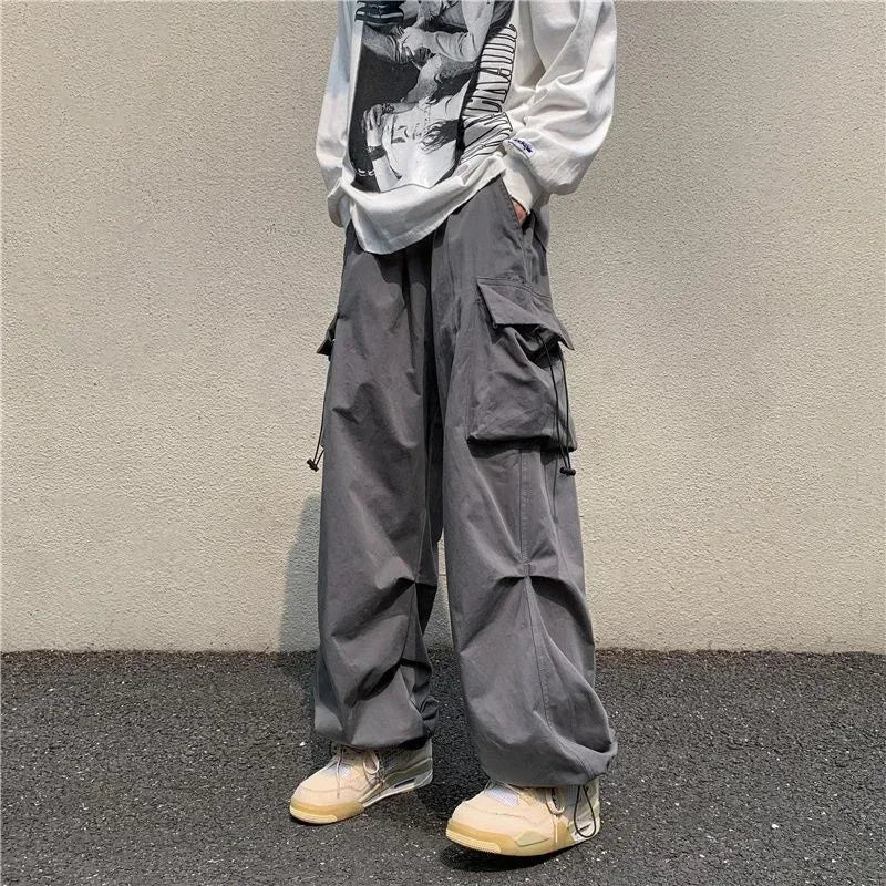 Cargo Pants for Men Straight Grey Trousers Man Autumn Wide Regular Fit Large Size Slacks Street Cotton Spandex Clothing Fashion