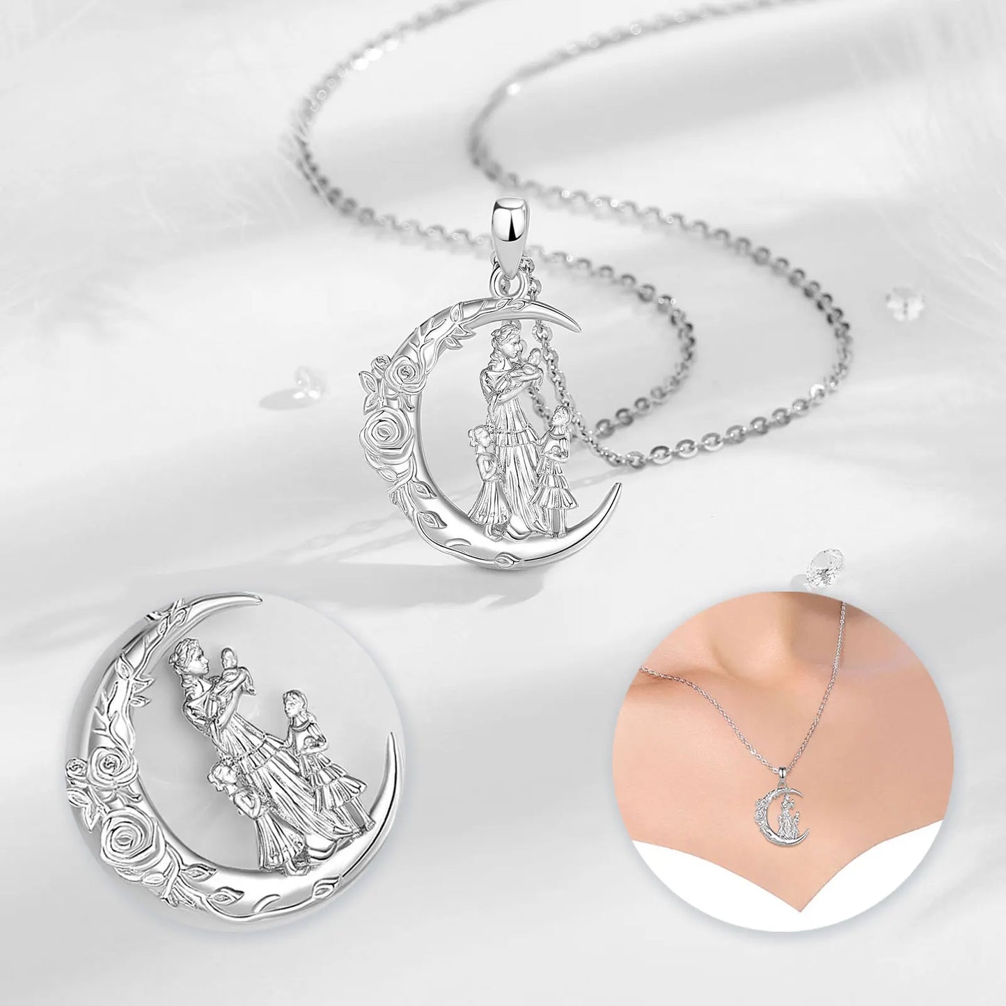 Eudora 925 Sterling Silver Mother Daughter Family Necklace Rose Flower Moon Pendant Fine Jewelry Mother's Day Gift for Women