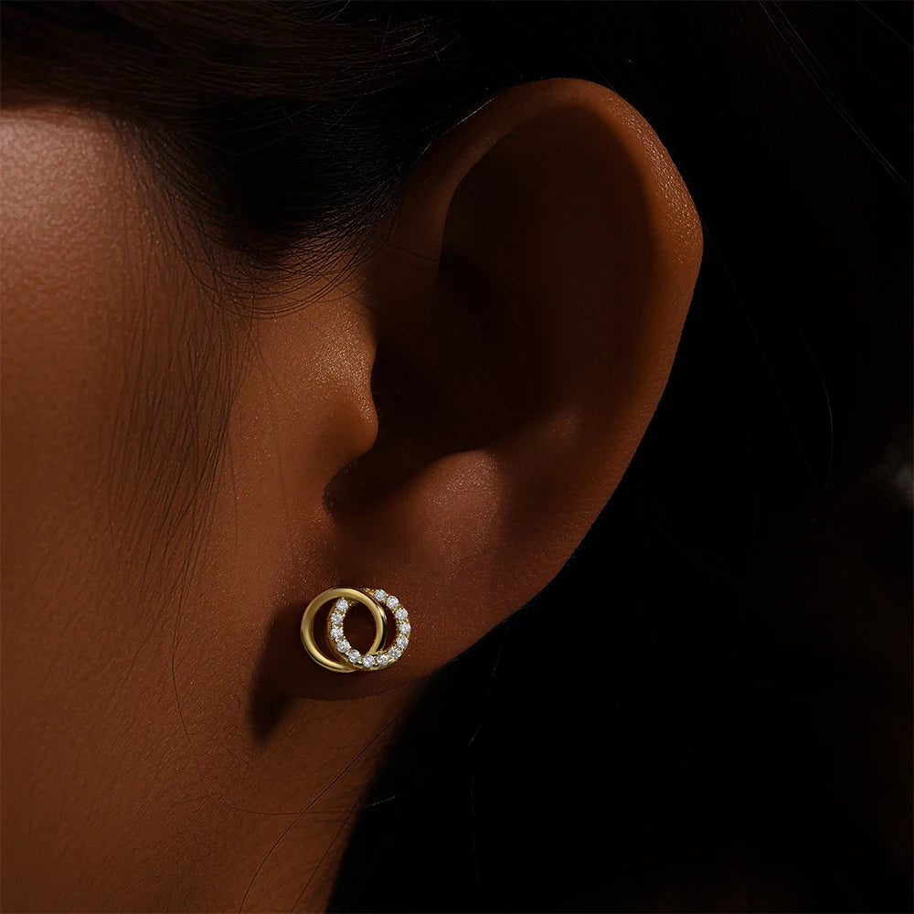 BOAKO 925 Sterling Silver Double Circle Glossy Zircon Minimalist Temperament Earrings For Women Girl Mother Valentines' Day Gift