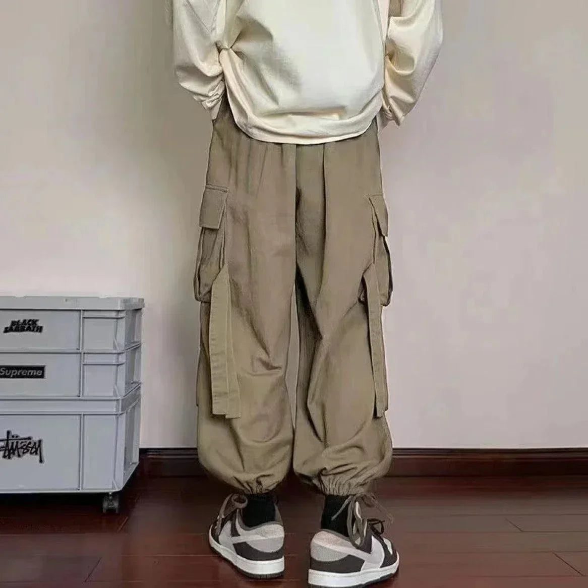 Cargo Pants for Men Straight Grey Trousers Man Autumn Wide Regular Fit Large Size Slacks Street Cotton Spandex Clothing Fashion