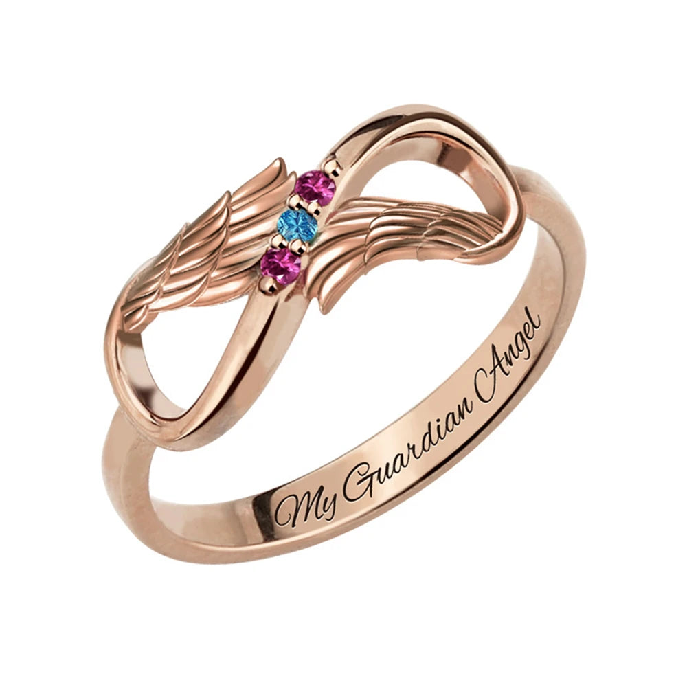 Uonney Dropshipping Manufacturer Engraved Angel Wings Infinity Ring Birthstones Name Ring For Mom Girl Women Jewelry