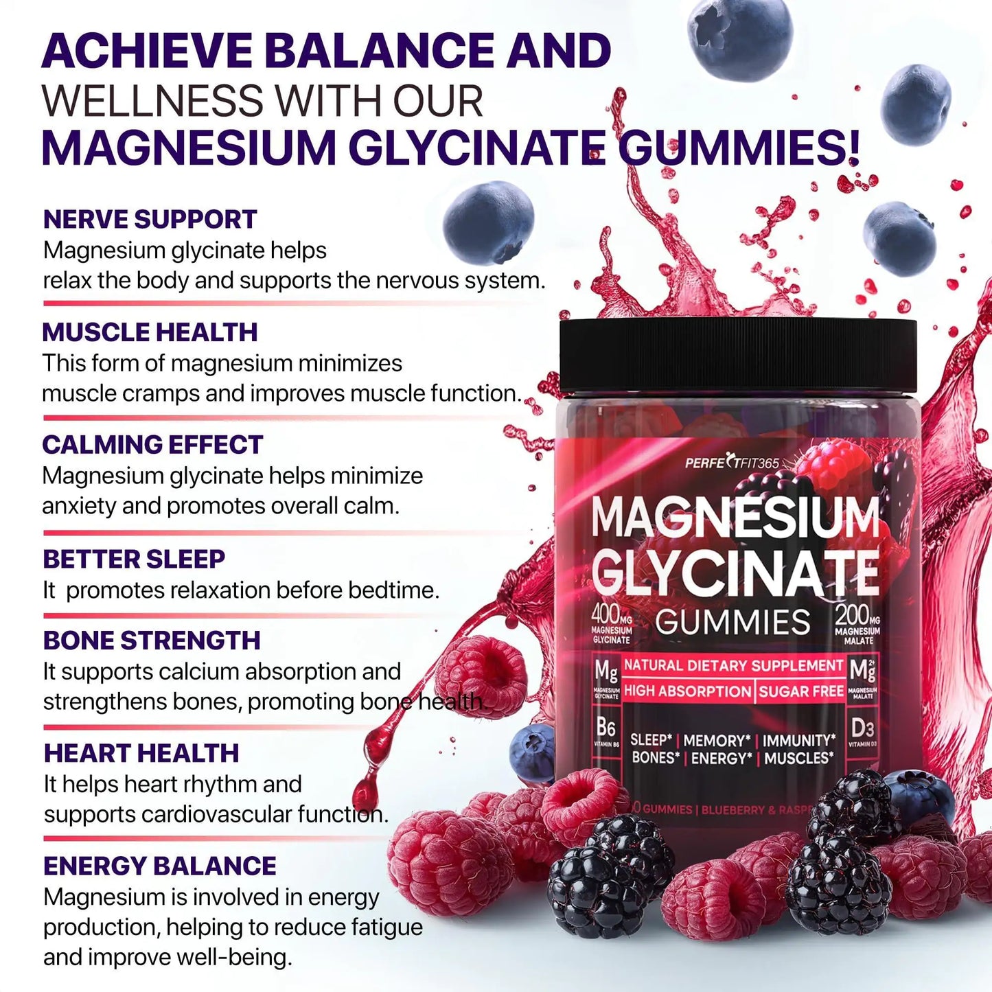 Magnesium Glycinate Gummies for Adults Chewable 400mg 60 Days Supply with