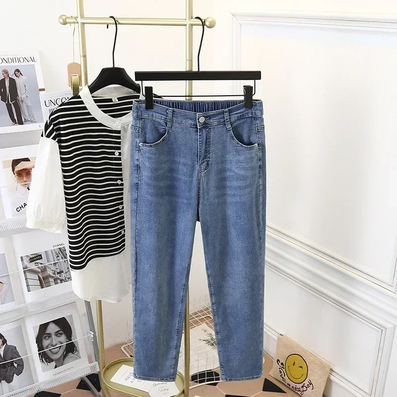 55-100kg Summer Plus Size Women Clothing Jeans Woman High Waist Mom Jeans Female Pants Cotton Elastic Denim Pants Harem Jeans