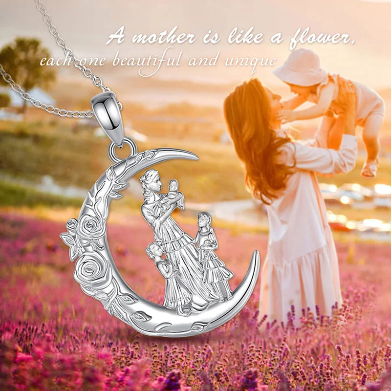 Eudora 925 Sterling Silver Mother Daughter Family Necklace Rose Flower Moon Pendant Fine Jewelry Mother's Day Gift for Women