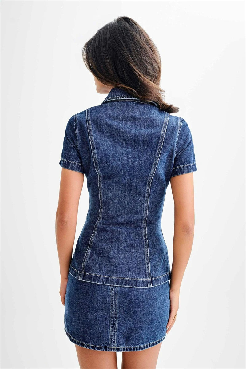 Streetwear Denim 2 Piece Sets Women Outfit Summer Clothes Women Short Sleeve Jean Top Mini Skirts Sets Jean Two Piece Dress Sets