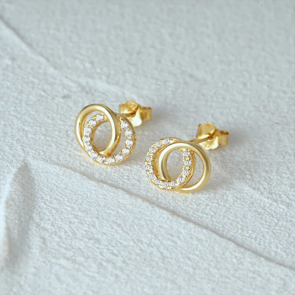BOAKO 925 Sterling Silver Double Circle Glossy Zircon Minimalist Temperament Earrings For Women Girl Mother Valentines' Day Gift