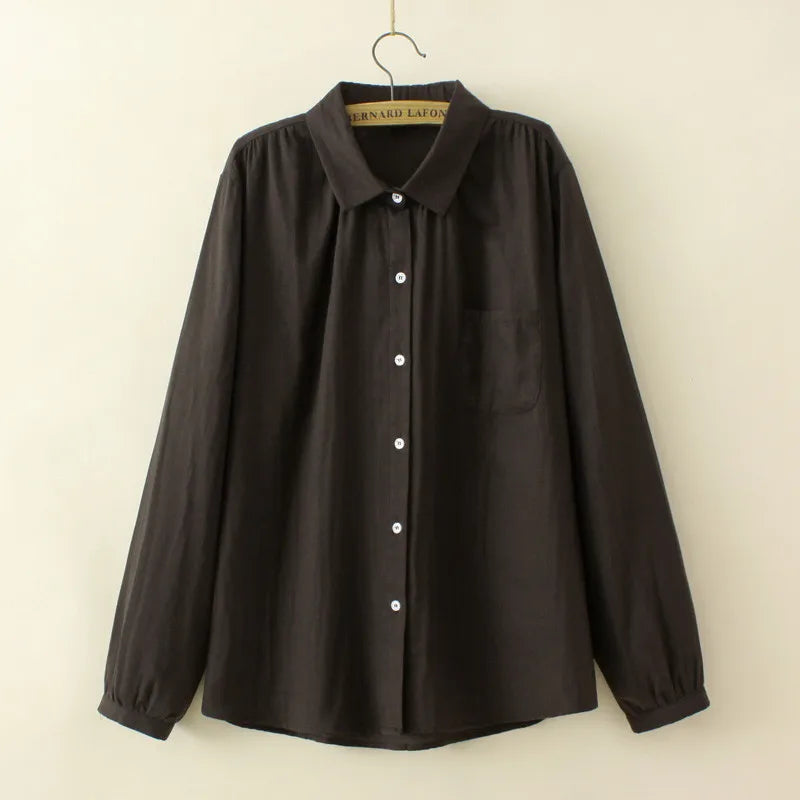 Plus Size Women's Shirt Spring And Autumn Solid Color Non-Stretch Cotton Fabric Long-Sleeved Top Thin Basic Lapel Shirt XL-4XL
