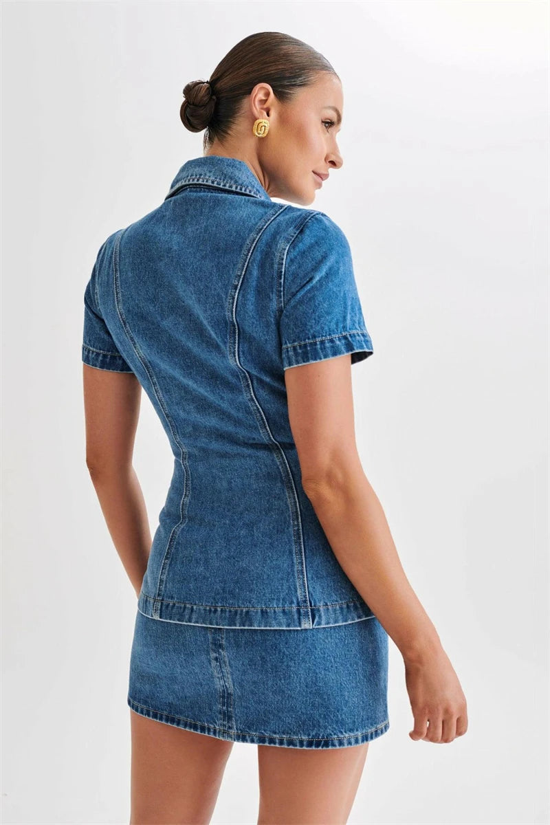 Streetwear Denim 2 Piece Sets Women Outfit Summer Clothes Women Short Sleeve Jean Top Mini Skirts Sets Jean Two Piece Dress Sets