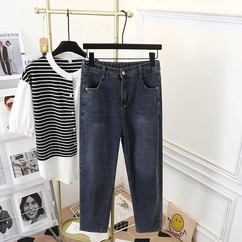 55-100kg Summer Plus Size Women Clothing Jeans Woman High Waist Mom Jeans Female Pants Cotton Elastic Denim Pants Harem Jeans