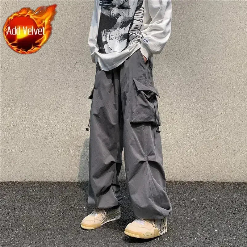 Cargo Pants for Men Straight Grey Trousers Man Autumn Wide Regular Fit Large Size Slacks Street Cotton Spandex Clothing Fashion