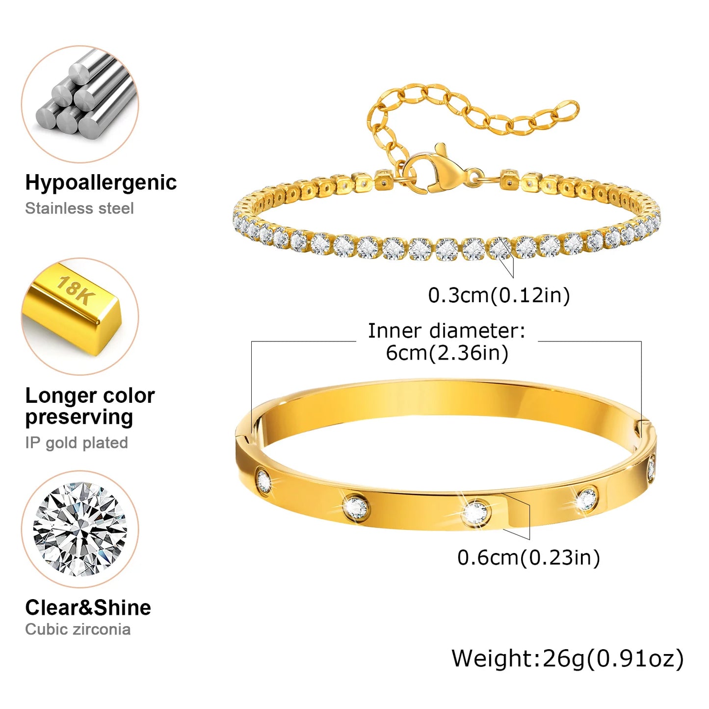 Vnox Love Tennis Chain Bracelets Round Zircon Stone Bangles Set, PVD Stainless Steel Women Jewelry Set Gift for Mom Mothers Day