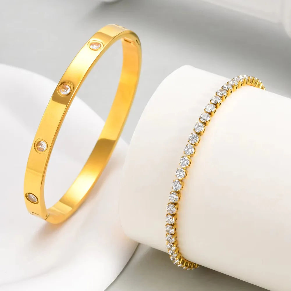 Vnox Love Tennis Chain Bracelets Round Zircon Stone Bangles Set, PVD Stainless Steel Women Jewelry Set Gift for Mom Mothers Day