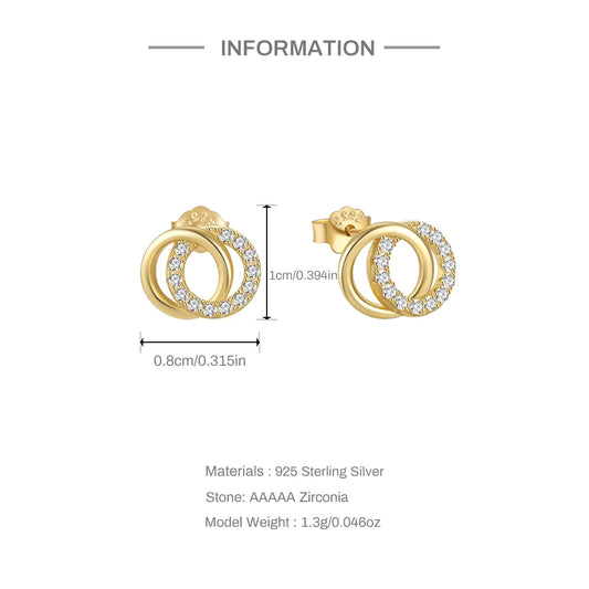 BOAKO 925 Sterling Silver Double Circle Glossy Zircon Minimalist Temperament Earrings For Women Girl Mother Valentines' Day Gift