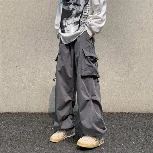 Cargo Pants for Men Straight Grey Trousers Man Autumn Wide Regular Fit Large Size Slacks Street Cotton Spandex Clothing Fashion