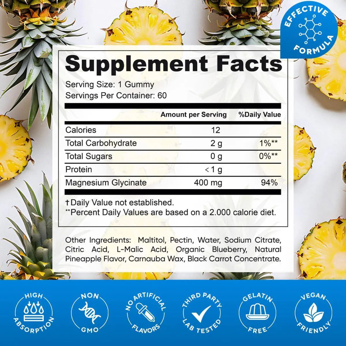 Magnesium Glycinate 400mg Gummies Vegan Gelatin Free High Absorption Non GMO 60