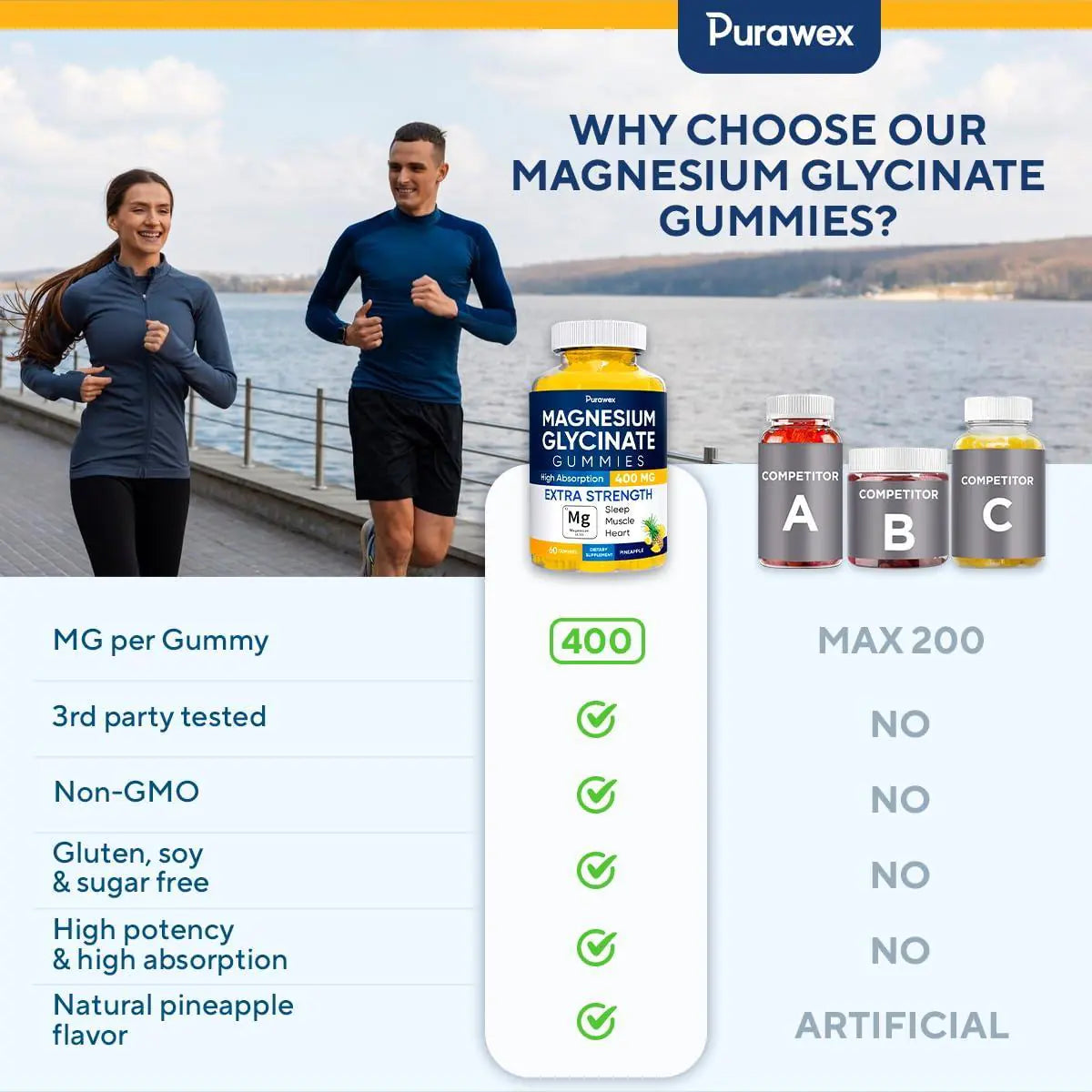 Magnesium Glycinate 400mg Gummies Vegan Gelatin Free High Absorption Non GMO 60