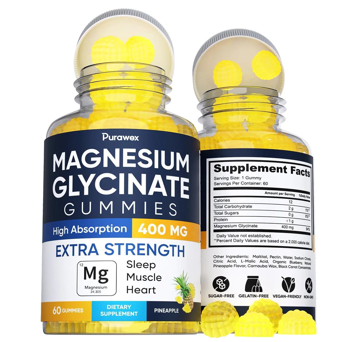 Magnesium Glycinate 400mg Gummies Vegan Gelatin Free High Absorption Non GMO 60