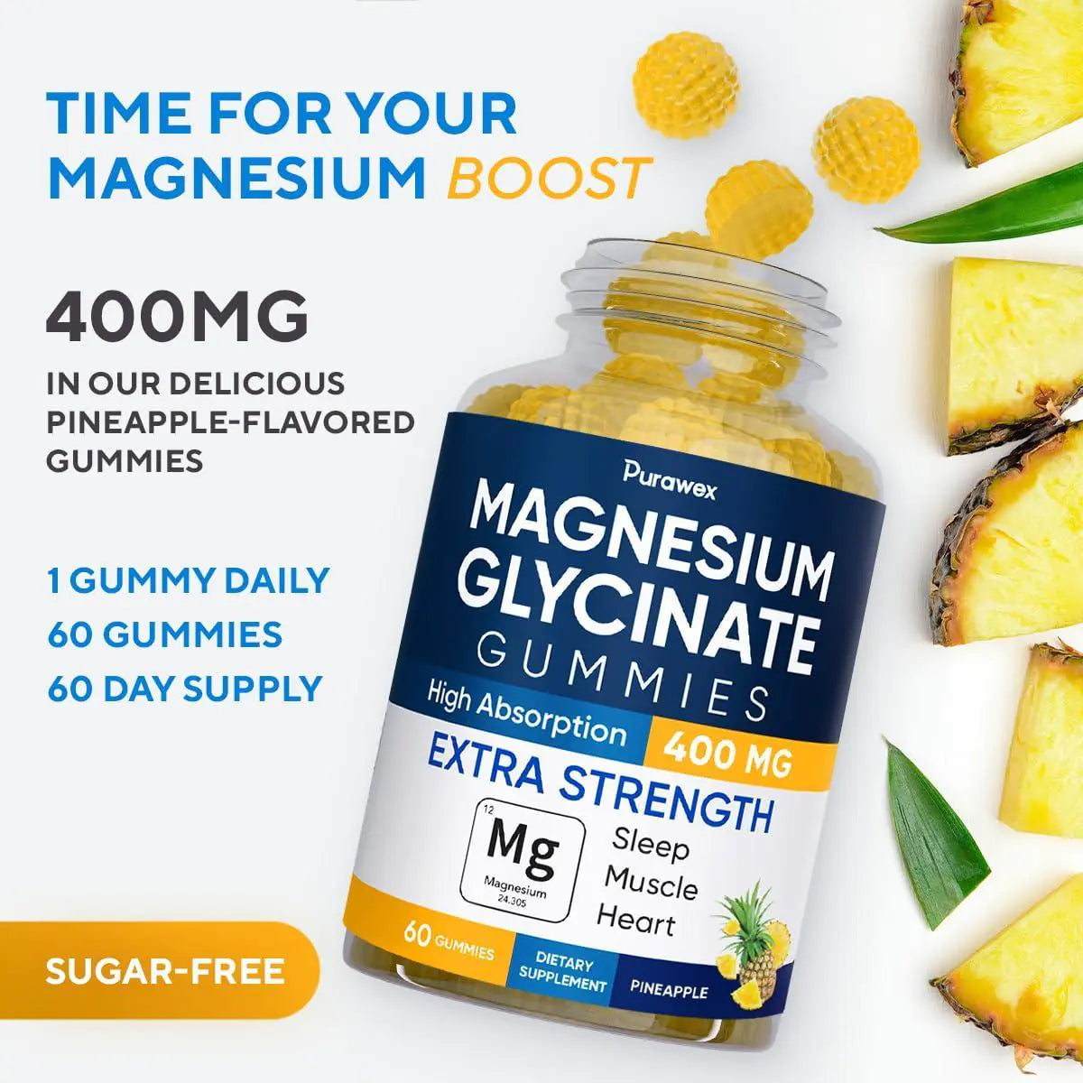 Magnesium Glycinate 400mg Gummies Vegan Gelatin Free High Absorption Non GMO 60