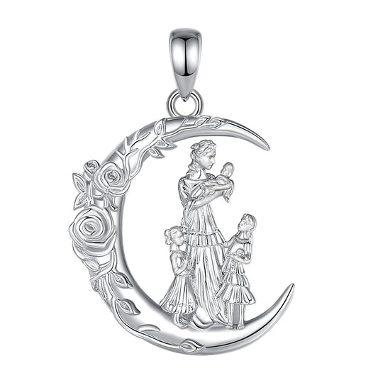 Eudora 925 Sterling Silver Mother Daughter Family Necklace Rose Flower Moon Pendant Fine Jewelry Mother's Day Gift for Women