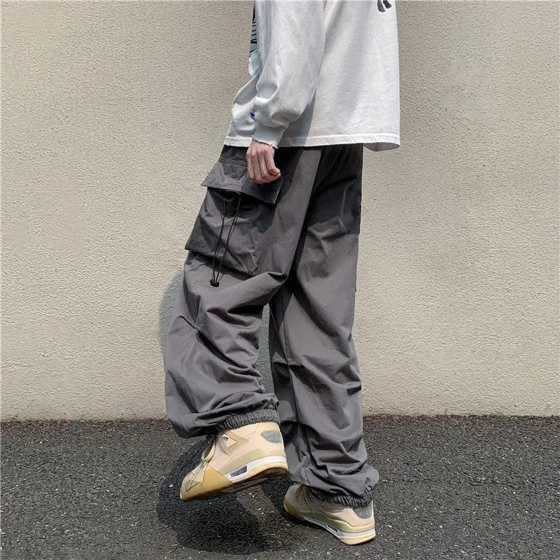 Cargo Pants for Men Straight Grey Trousers Man Autumn Wide Regular Fit Large Size Slacks Street Cotton Spandex Clothing Fashion