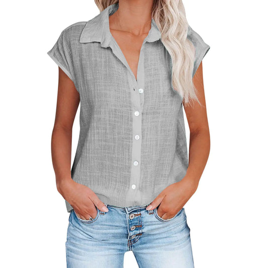 Linen Shirts for Women Summer 2025 Button Down Lapel Cap Sleeve Shirt Tops Casual Beach Trendy Cotton Gauze Clothing